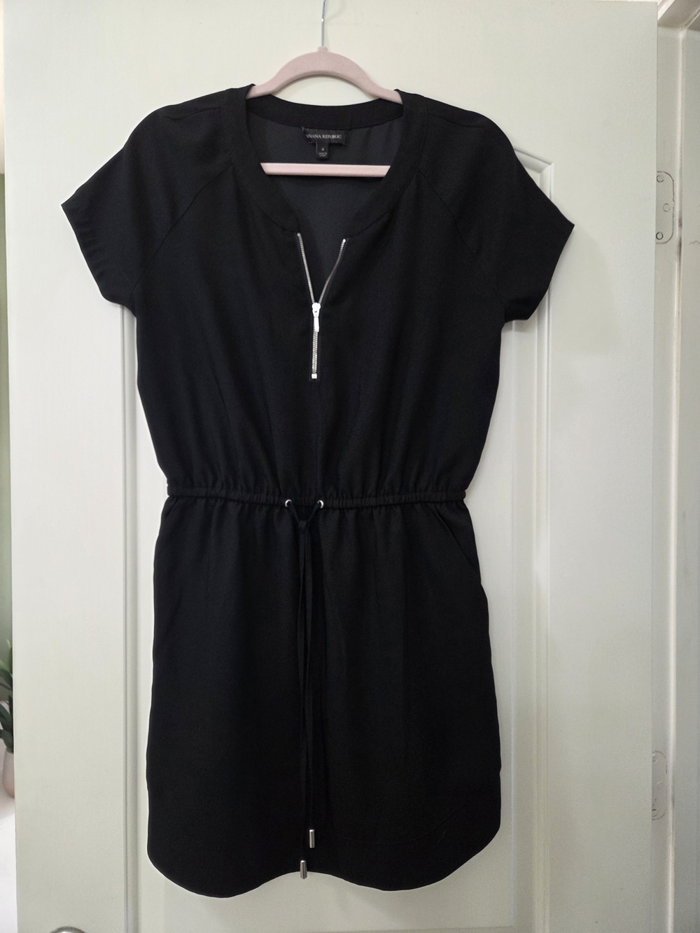 Banana Republic Black Short-Sleeve Zip-Front Drawstring Mini Dress